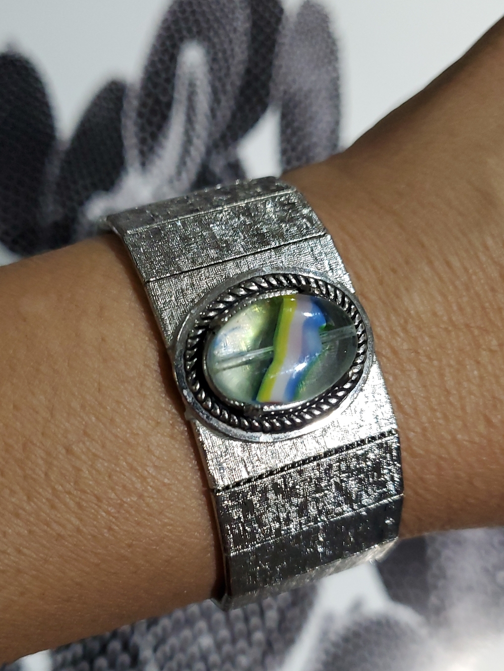 Vintage Silver-Tone Wristband with Multicolor Glass Cabochon Chunky Bracelet